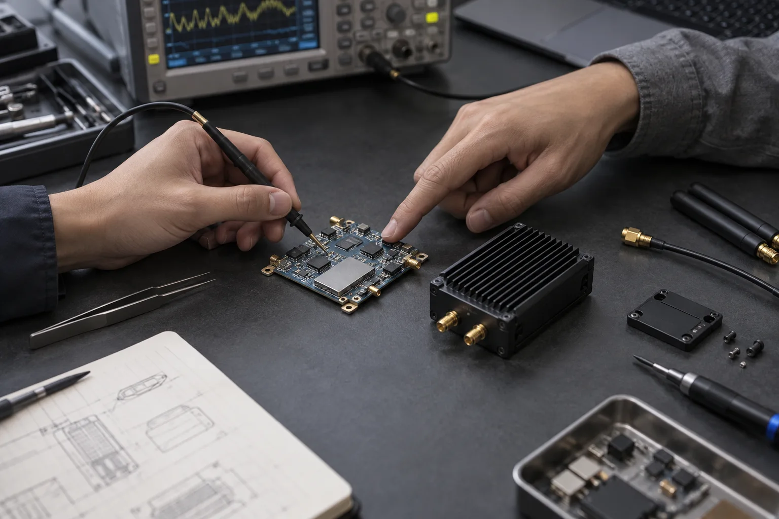 Illustrative scene of engineers inspecting RF electronics together