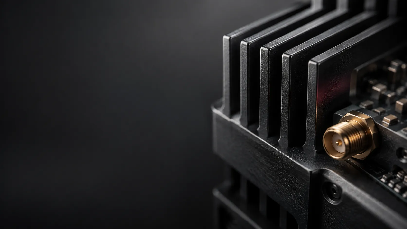 Illustrative close-up of RF electronics, cooling fins and a coaxial connector