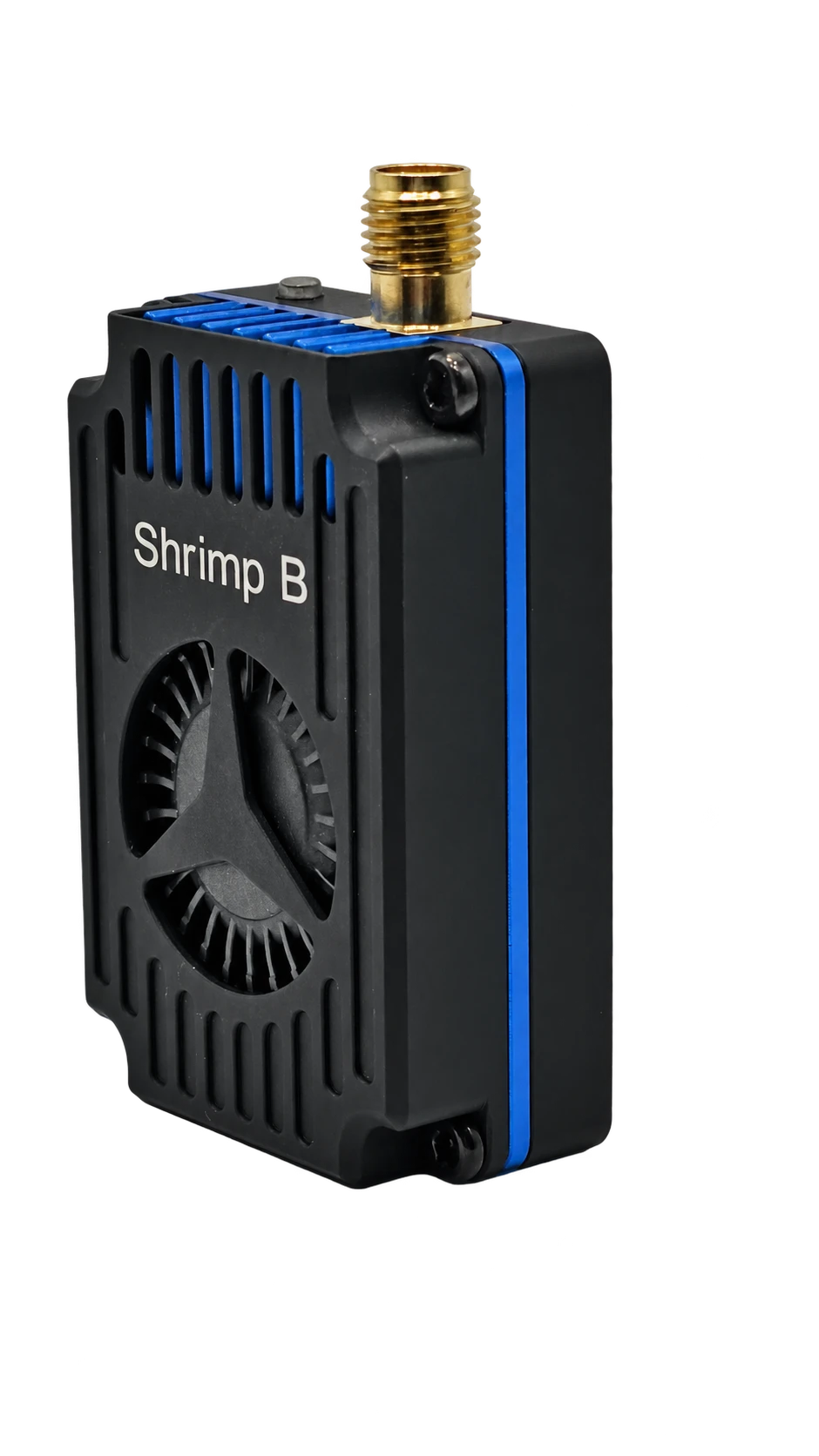 Customer-supplied Shrimp B video transmitter with cooling fan and antenna connector