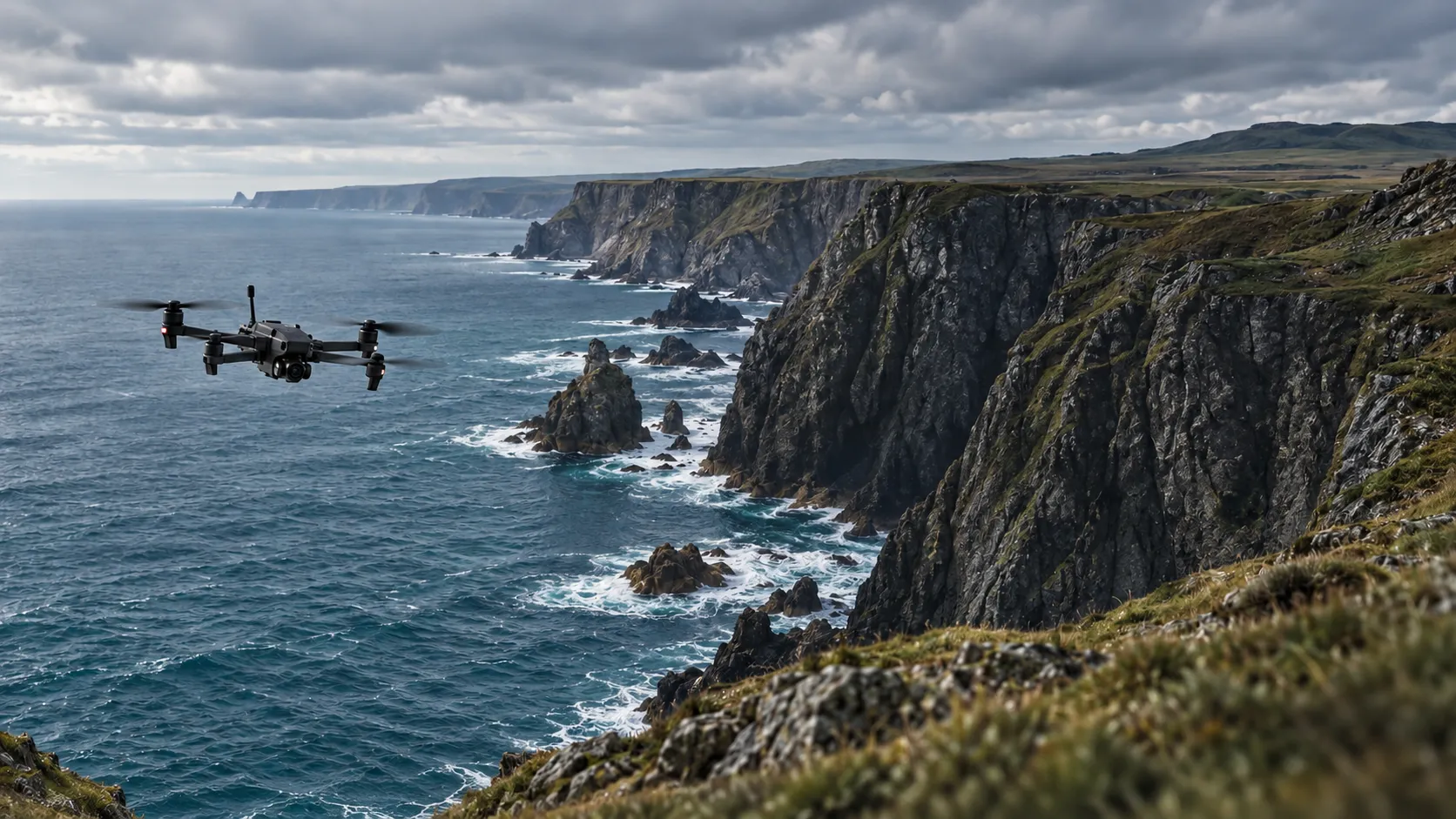 Illustrative civilian quadcopter above a rocky coastline