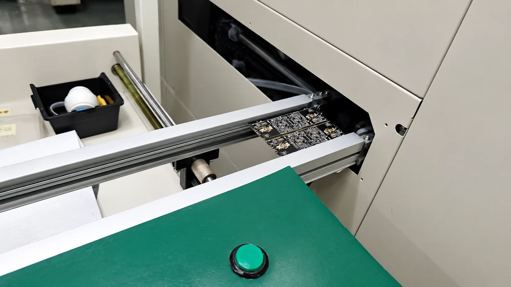 Enhanced frame from the MASA company film showing circuit boards on a production conveyor