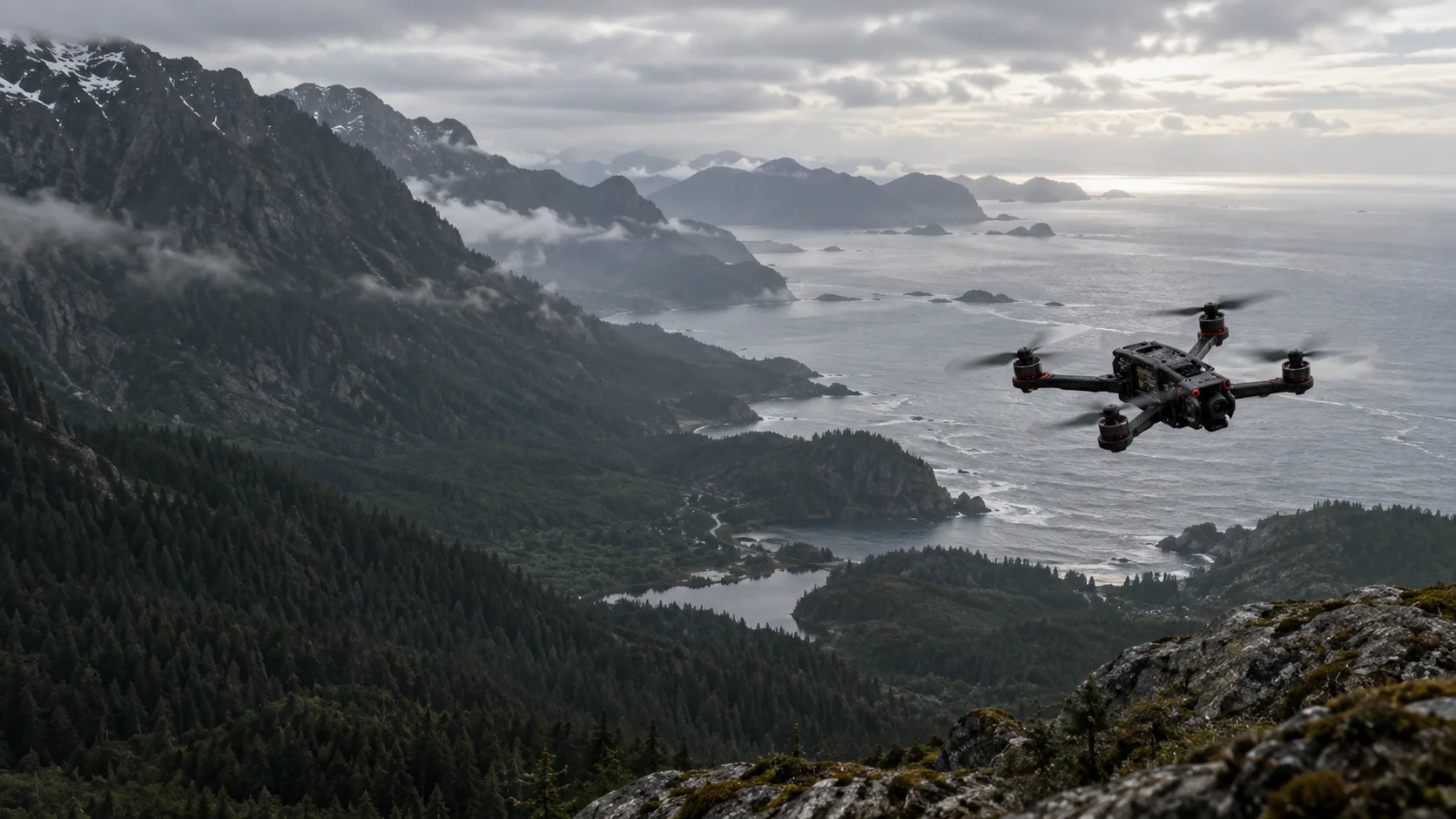 Illustrative FPV quadcopter flying above a rugged coastal mountain landscape