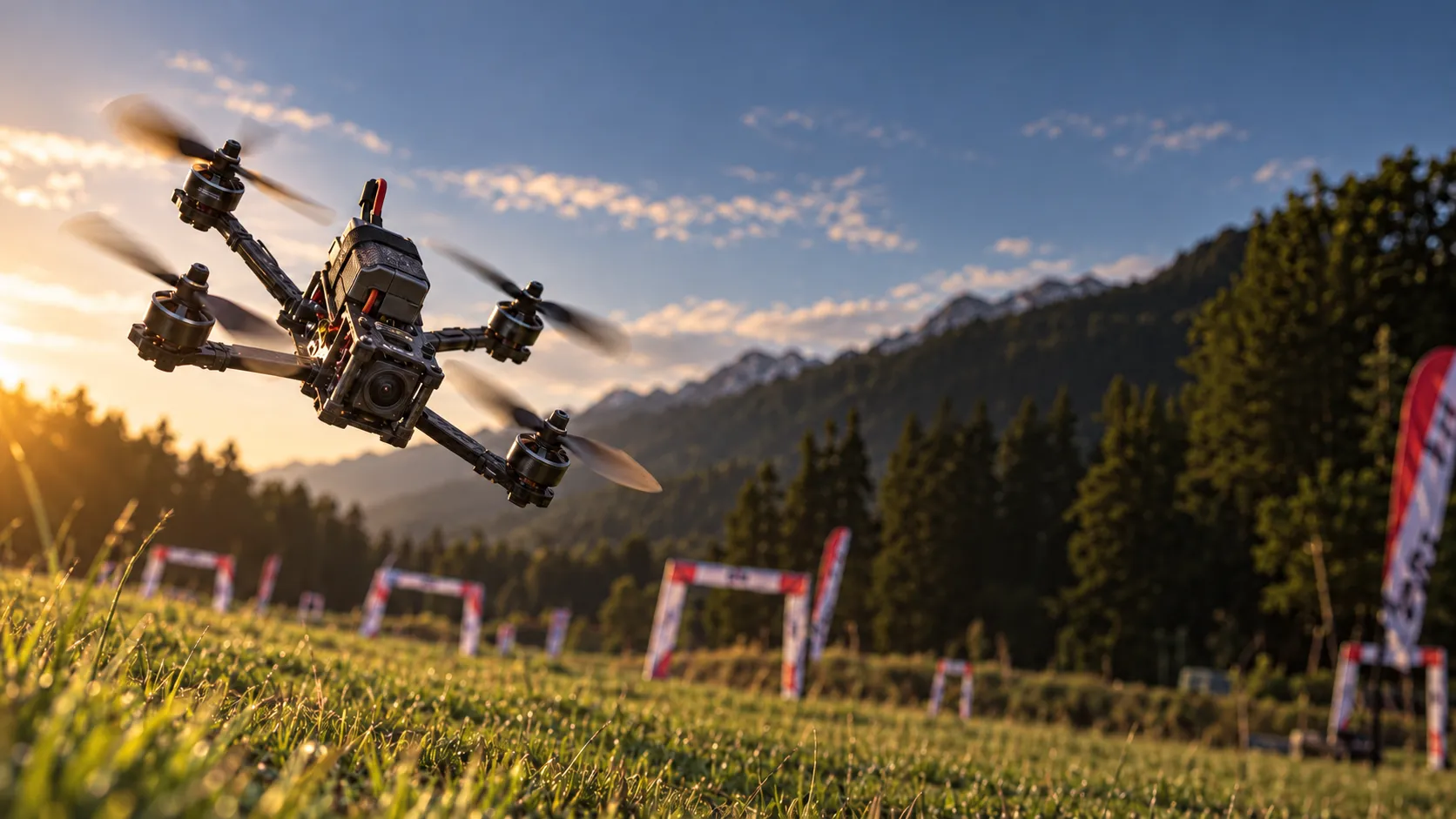Illustrative civilian FPV racing quadcopter above an outdoor practice course